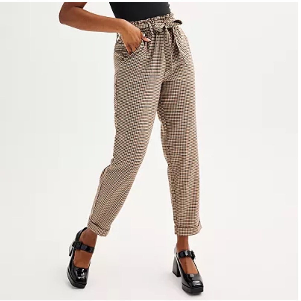 SO brand Good For Life Brown Black Cream Plaid Pull on Pant with front tie Pant